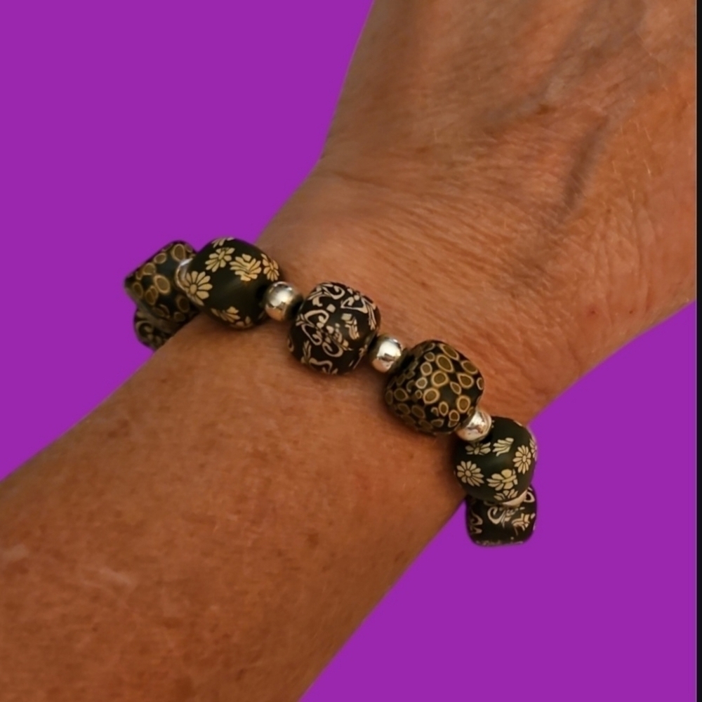 3/$30 Vtg VIVA BEADS Olive Green Chunky Floral Clay Beaded Stretch Bracelet